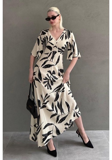 Madmext Ekru Desenli Yarım Kollu Elbise Mg2395 Ekru