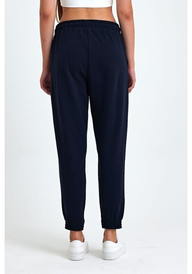 Kadın Lacivert Pamuklu Kalın Paçası Lastikli Yüksek Bel Rahat Jogger Eşofman Altı Lacivert