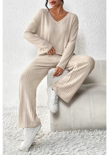 Unisex Bej Raporlu İnterlok Kumaş Eşofman Takımı Rahat Ev Ve Günlük Giyim Bej