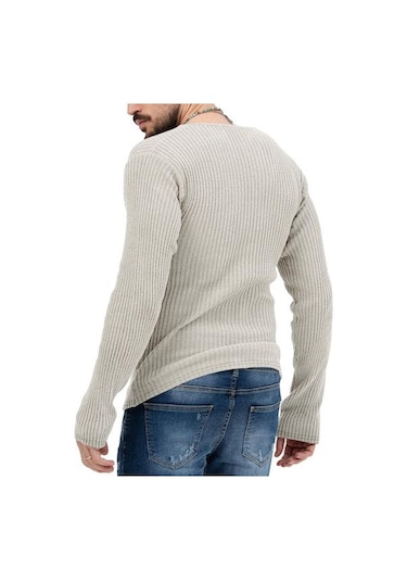 Erkek Örgü Kazak Derin V Yaka Nervürlü Uzun Kollu Düz Renk Slim Fit Yumuşak Sıcak Sonbahar Kış Rahat Erkek Kazak Üst Kazak Triko Kayısı Açık Bej