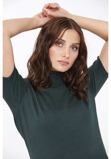 Desen Triko Kadın Likralı Kısa Kollu Tam Balıkçı Bluz 20346 Nefti