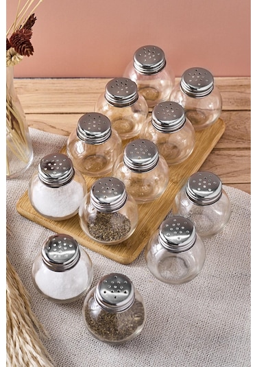 Salty Cam 12'li Tombik Tuzluk Seti 50 Ml Tek Kişilik Tuzluk-karabiberlik Seti Paslanmaz Çelik Kapak Seffaf Şeffaf