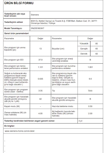 Siemens SN25EW63KT 6 Programlı 60 CM Solo Bulaşık Makinesi Beyaz