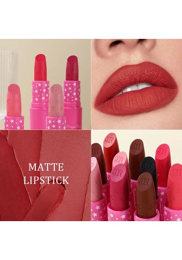 9 Renk Su Geçirmez Gül Kırmızı Kadife Mat Ruj Nemlendirici Uzun Ömürlü Yıldız 09 Pembe