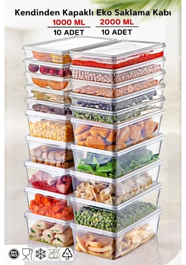 Ny Home 20'li Set Kendinden Kapaklı Derin Dondurucuya Uygun Saklama Kabı 1 Lt. Ve 2 Lt.