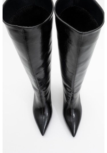 Camila Siyah Cilt Kadın Topuklu Çizme Siyah Mat