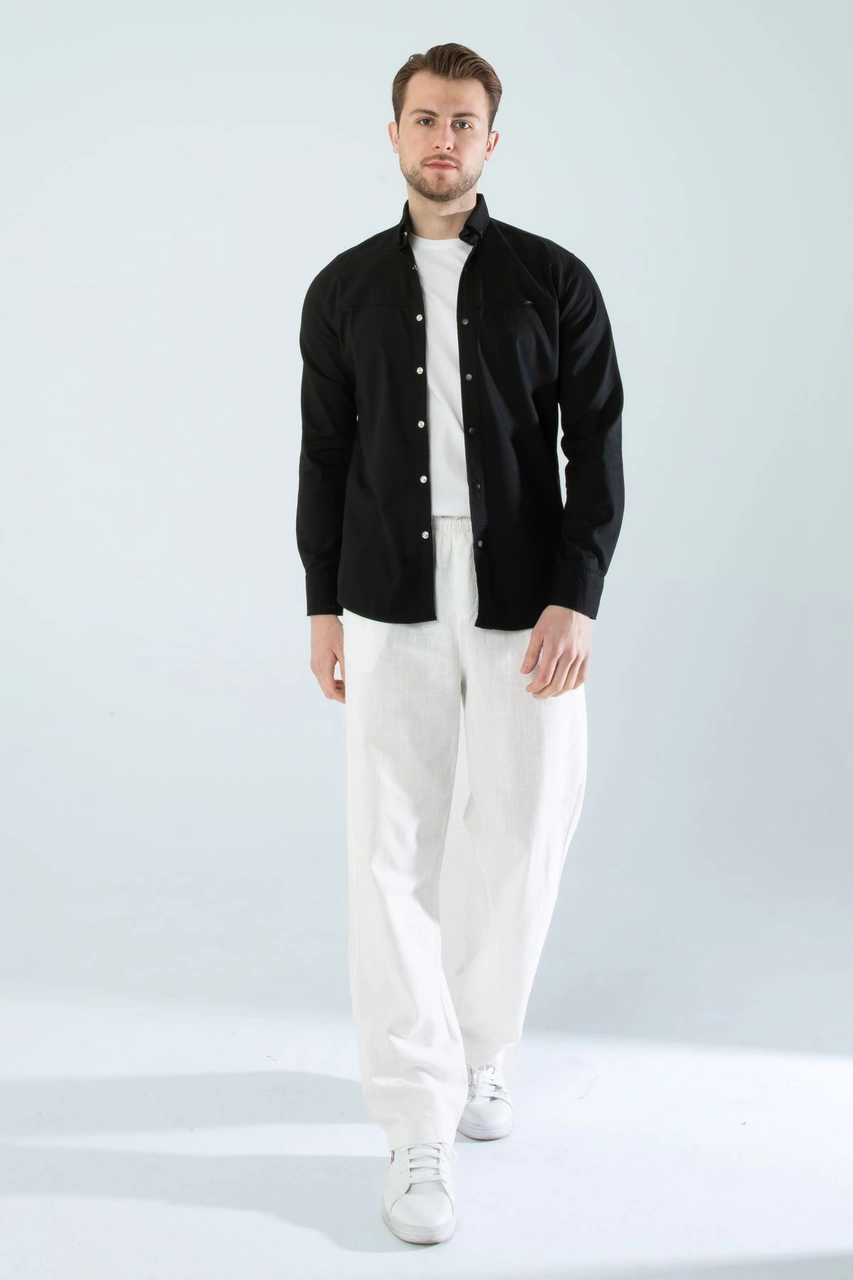 Slim Fit Erkek Cepsiz Kot Gömlek Siyah