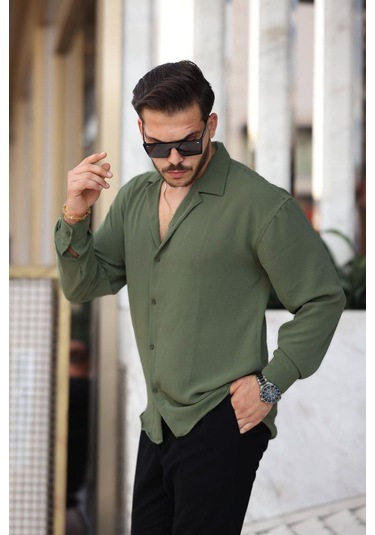 Tex Republic Erkek Yeşil Rahat Kesim Dokulu Oversize Salaş Aerobin Gömlek Yeşil