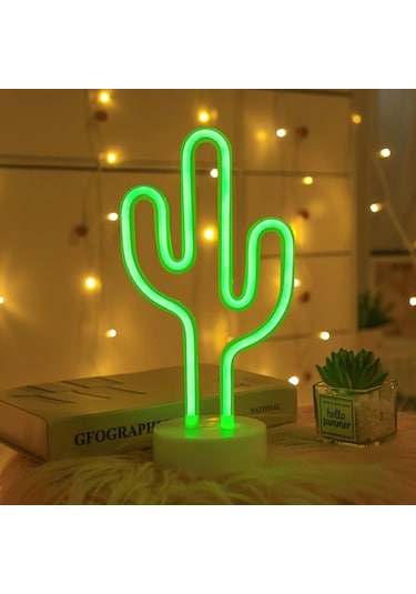 Honeybeeshop Pil İle Calisan Neon Kaktus Masa Lambasi Yesil 29.5x10x14 Cm Modern Plastik Uplight Anahtar Kontrolu Ev Ofis Kafe Dekoru Ideal Yeşil