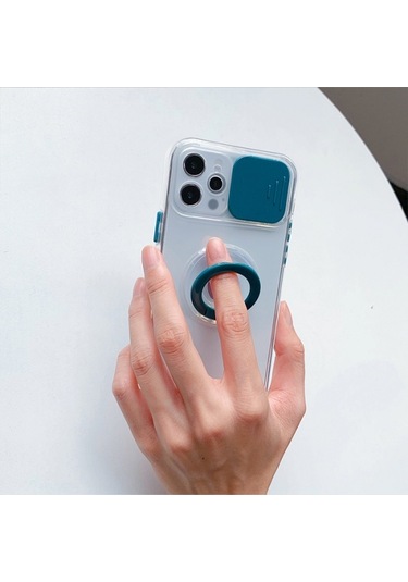 More Tr Ally İphone 12 Mini 5 4inç Kılıf Sürgülü Kamera Lens Korumalı Yüzük Standlı Silikon Kılıf Siyah