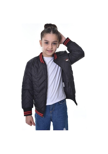 Kız Çocuk Kolej Yaka Astarlı Su Ve Rüzgar Geçirmez Fermuarlı Mont Ceket Siyah