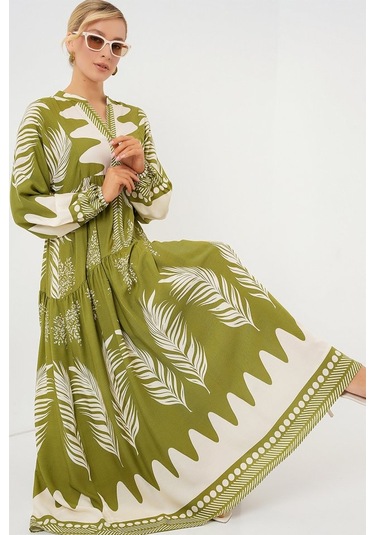 2423 Otantik Desenli Tesettür Elbise - Mint Yeşili Mint Yeşili