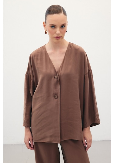 Sateen Düğmeli Kimono - Kahve-136354 Kahve