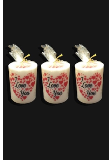 Adalinhome 9 cm Silindir Mum 3'lü Set Kalp Desenli