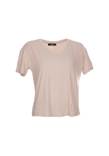 Ysatis V Yaka Oversize Minimalist Kadın Bluz - Kısa Kol - Günlük Bej