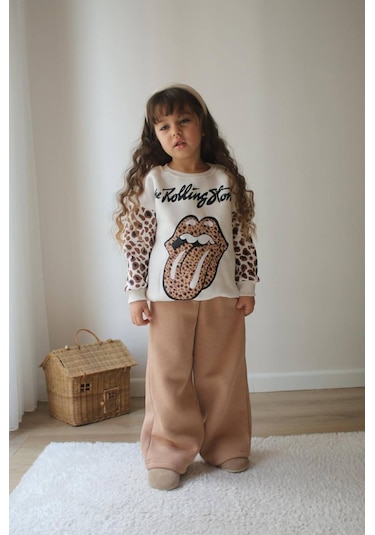 Kız Çocuk İç Pamuklu Leopar Geçişli Trend Rolling Stone Baskılı Alt Üst Takım Sütlü Kahve Renk Leopar / Sütlü Kahve Leopar - Sütlü Kahve