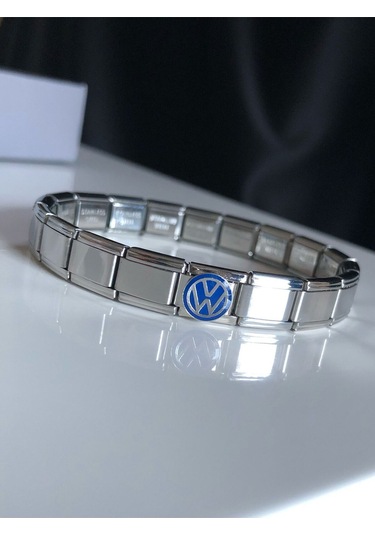 Erkek Kadın Çelik Bileklik - Wolksvagen Logo Model Italy Nomi Charm Çelik Bileklik Gümüş