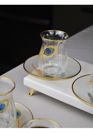 12 Parça 6 Kişilik Lüx Cam Çay Seti Gold Detaylı Altın Renk İşlemeli Lüks Çay Takımı Altın