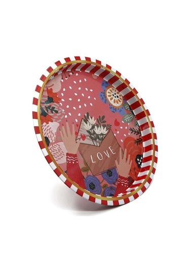 Love Desenli Yuvarlak Metal Tepsi, 31,5 Cm