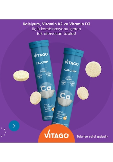 Vitago Kalsiyum D3 K2 Vitamini İçeren Takviye Edici Gıda 2 x 20 Efervesan Tablet