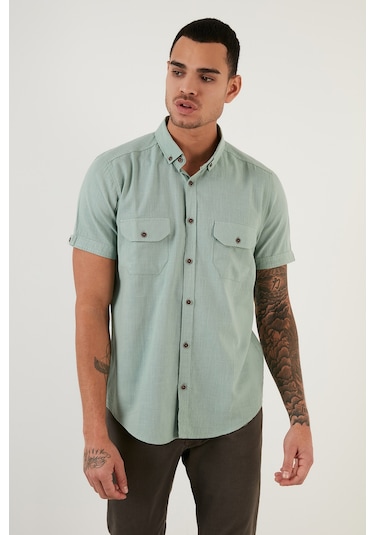 Buratti Düğmeli Yaka Pamuklu Slim Fit Cepli Erkek Gömlek Cf21S111153 Elma Yeşili