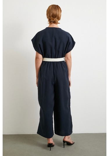 Kemer Detaylı Yarasa Kol Tulum Lacivert Lacivert