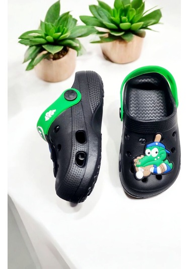 Çocuk Kemerli Yeşil Hayvan Sticker Detaylı Deniz,plaj,havuz Sandalet Terliği