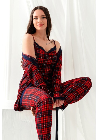 Sabahlıklı Dantel Detaylı Pegasus Kadın Pijama Takımı-çeyizlik Takım- Geniş Beden Aralığı Kırmızı