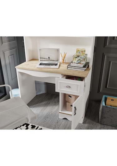 Baby Darling %100 Mdf Lisa Çalışma Bilgisayar Masası Meşe Beyaz Üst Ünite Dahil Beyaz