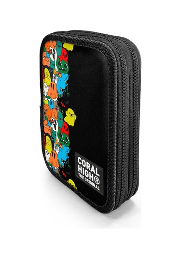 Coral High Kids Siyah Karikatür Desenli Çift Katlı Kalem Çanta 11150 Siyah