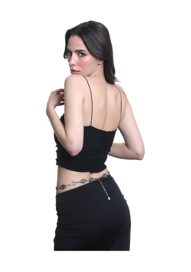 Kadın Antrasit Lak Kaplama Spiral Baskılı Oval Parçalı Ayarlanabilir Bel Zinciri, Bel Kolyesi Antrasit