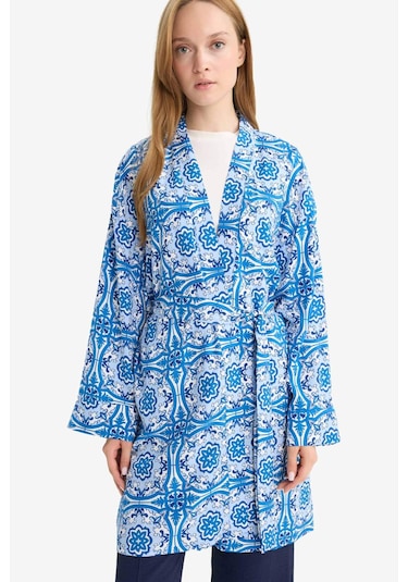 Defacto Relax Fit Bisiklet Yaka Desenli Viskon Kimono E7262ax25smbe43 Mavi