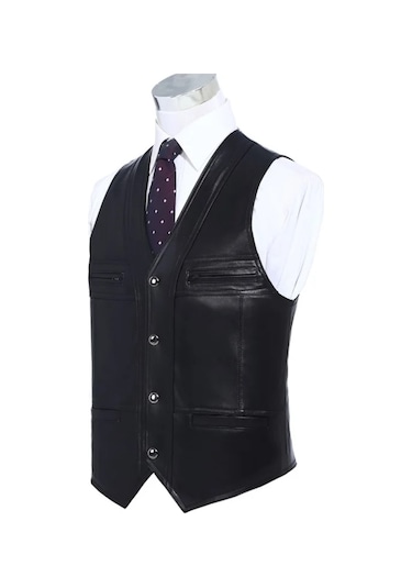 Klasik Entel Kuzu Derisi Yelek Siyah