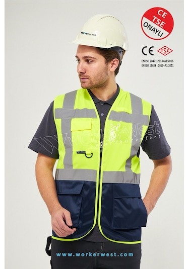 Worker West Yönetici Ikaz Yeleği - Mühendis Yeleği Sarı-lacivert