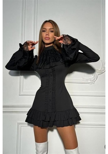 Kadın Siyah Dantel Detaylı Tasarım Elbise Dpnbemp2553 Siyah