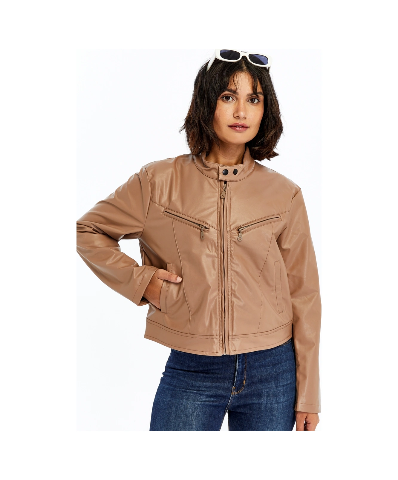 Kadın Deri Ceket Niş Kompakt Tasarım Mont Günlük Kullanım Fermuar Hakim Yaka Şık Ceket Pudra