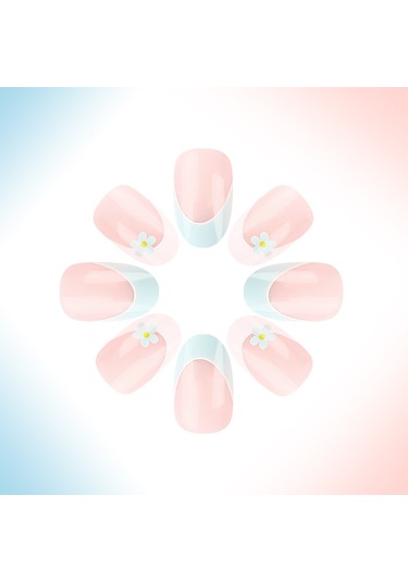 İlkbahar Ve Yaz Fransız Badem Tırnak Uçları Mavi Ve Beyaz Çiçekler Ve Çimen Zarif Bayanlar Tatlı Parlak Takma Tırnaklar 24 Adet Tırnak Sanatı Dahil Araçlar Ys1107