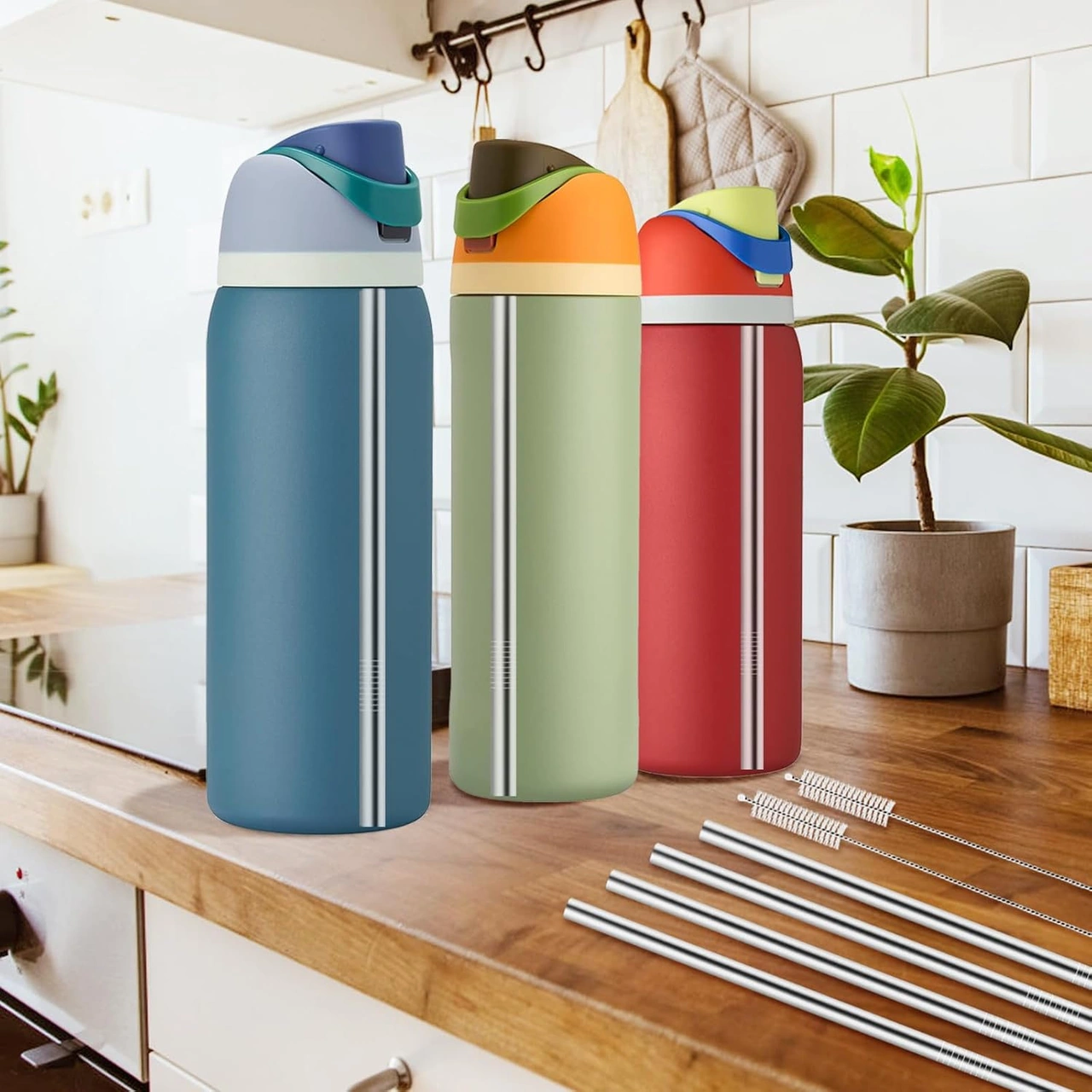 Hombey 24-32 Unze Su Şişeleri İçin Paslanmaz Çelik Yeniden Kullanılabilir Metal Pipetler 2 Adet Temizleme Fırçası İle