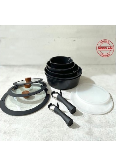Neoflam Midas Siyah 12 Parça Yedek Kulplu Ayrılabilen Saplı Iç Içe Geçebilen Indüksiyonlu Tencere Tava Set