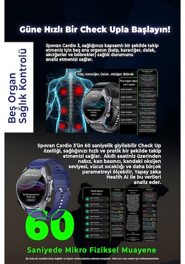 Spovan Cardio 3 EKG Tansiyon Analiz Şeker AI Akıllı Saat (Distribütör Garantili)
