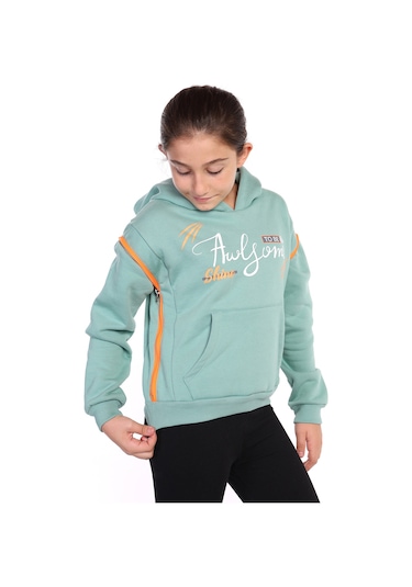 Toontoy Kız Çocuk Baskılı Kanguru Cepli Sweatshirt Yeşil