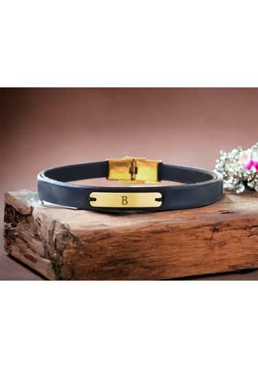 Archin B Harfine Özel Dikdörtgen Motifli 14 Ayar Altın Plakalı Siyah Derili Hediye Bileklik-540harf B