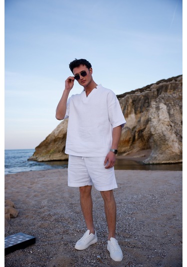 Beyaz Renk V Yaka Gömlek Şort Erkek Yıkamalı Keten Takım-1740 Beyaz