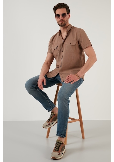 Buratti Düğmeli Yaka Pamuklu Slim Fit Cepli Erkek Gömlek Cf21S111153 Toprak