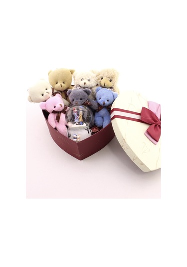 Sevgiliye En Tatlı Hediye Seti Peluş Ayıcık Kalpli Kutuda 7 Mini Peluş Ayıcık Işıklı Kar Küresi Seti