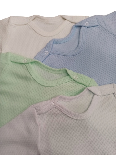 Uzun Kollu Çıtçıtlı Badi Bisiklet Yaka Hava Alır Kumaş  Zıbın 0 - 48 Ay  4'lü Paket Beyaz - Krem - Yeşil - Mavi