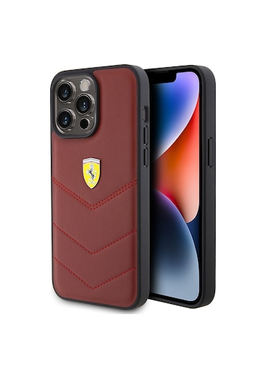 İphone Uyumlu 15 Pro Max Kılıf Ferrari Lisanslı Deri Dikişli Arka Yüzey Metal Logo Tasarımlı Kapak Kırmızı