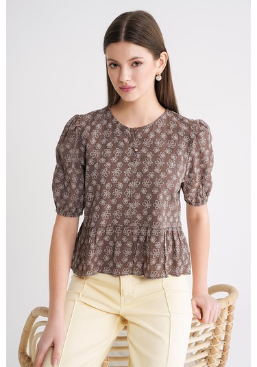 4688 Kadın Balon Kol Çiçek Desenli Peplum Bluz Kahve Kahve