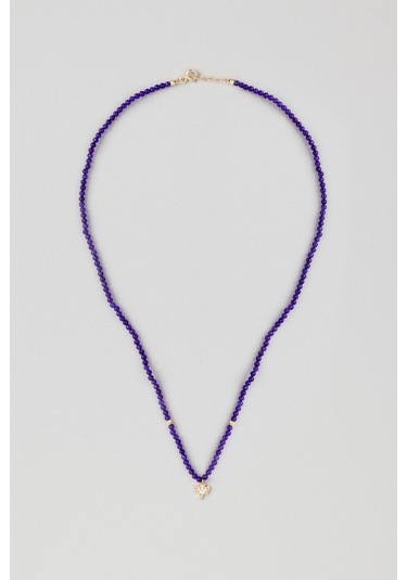 Çınar Yaprağı Figürlü Ametist Taşlı 14 Ayar 43 Cm Kolye Sarı - Beyaz