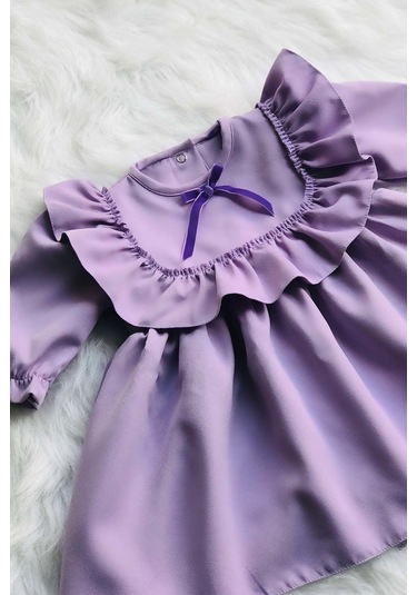 Fırfır Ve Kurdele Detaylı Lila Krep Tasarım Kız Çocuk Bebek Elbise 001